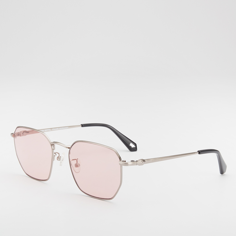 AVA SQUARE-FRAME METAL SUNGLASSES IN BLACK WITH LIGHT PINK LENS