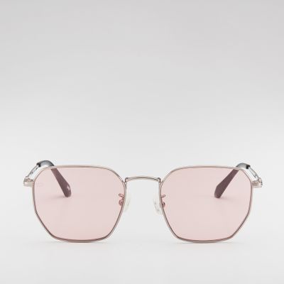 AVA SQUARE-FRAME METAL SUNGLASSES IN BLACK WITH LIGHT PINK LENS