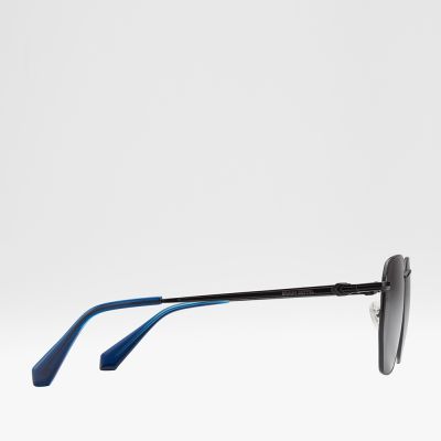 AVA SQUARE-FRAME METAL SUNGLASSES IN TRANSPARENT DARK BLUE WITH GREY LENS