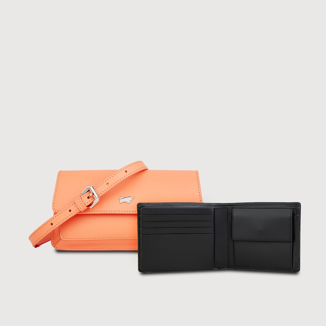 (Festive Gift Set O) ISLA SLING POUCH IN APRICOT CRUSH + KITH CENTRE FLAP WALLET WITH COIN COMPARTMENT IN BLACK