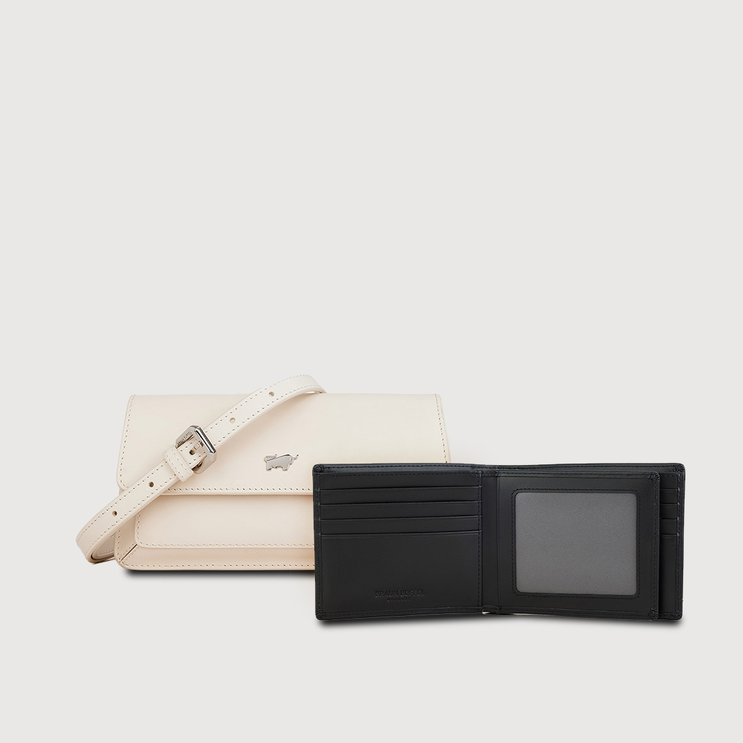 (Festive Gift Set Q) ISLA SLING POUCH IN CHALK + KITH CENTRE FLAP CARDS WALLET IN BLACK